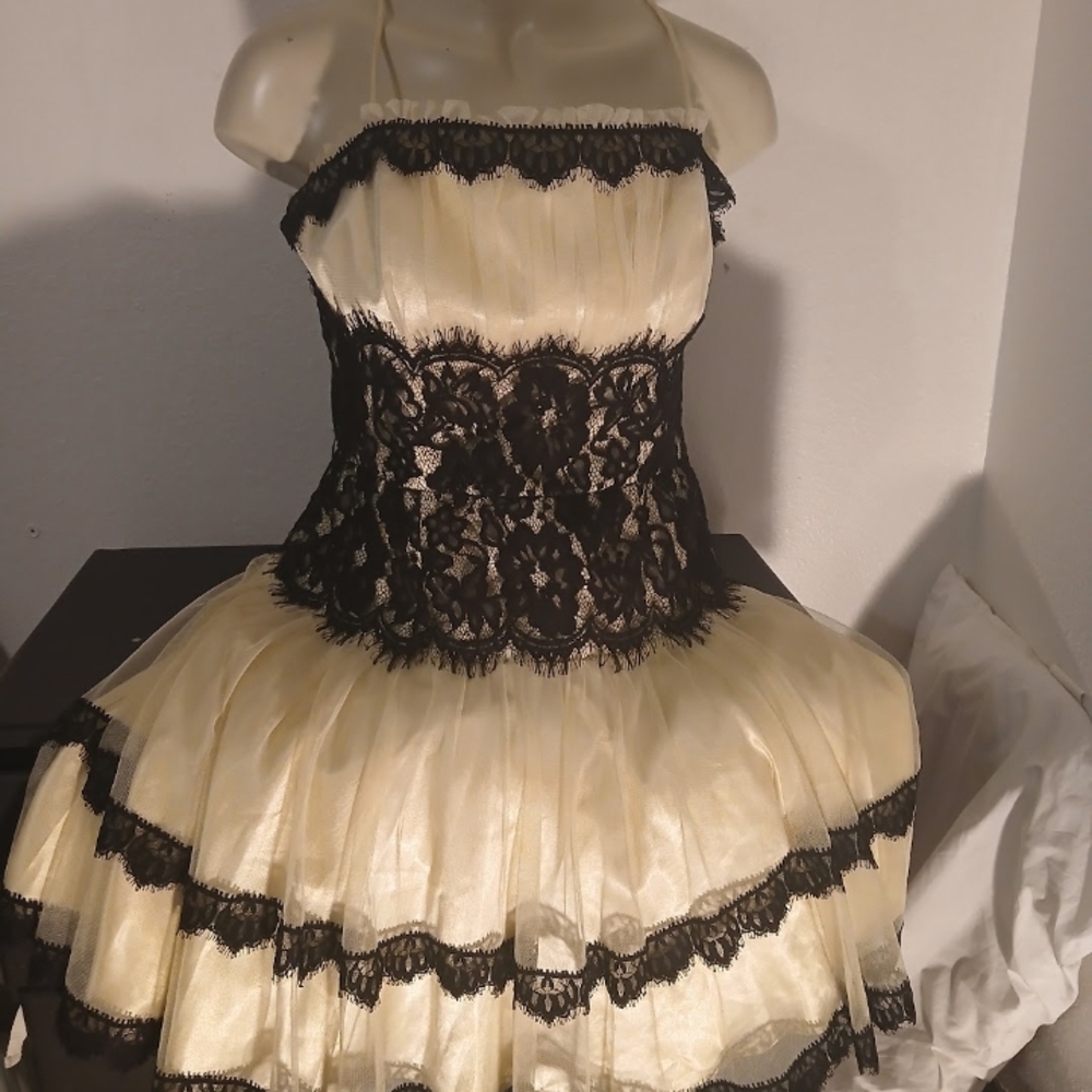 Elegant Strapless Dress with Black Lace